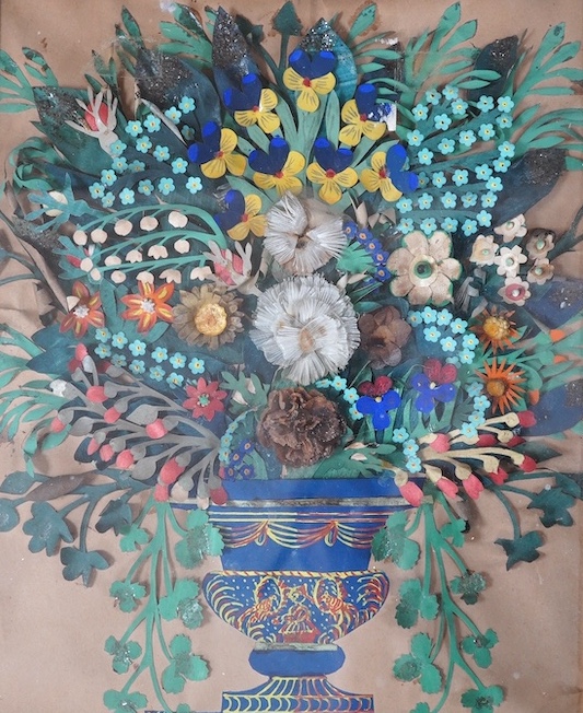 A pair of early Victorian painted cut paper relief still life pictures, maple frames, 28cm high, 22cm wide. Condition - poor frames, one picture fair, the other poor